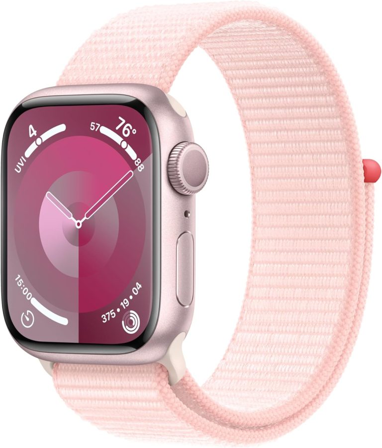 Apple Watch Series 9 [GPS 41mm] Smartwatch with Pink Aluminum Case with Light Pink Sport Loop One Size. Fitness Tracker, ECG Apps, Always-On Retina Display, Carbon Neutral